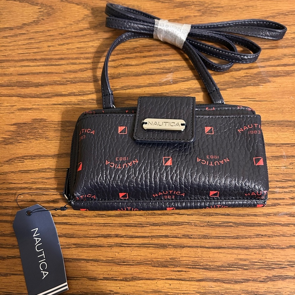 NWT Nautica Black Wristlet/Crossbody Strap/Red Logo Print/RFID Blocking Tech